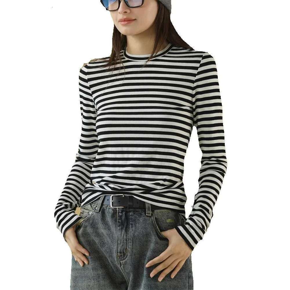 2025 Early Spring Simple Contrasting Striped T-Shirt Women Slim Casual Tees Black White/Red White/Gray White