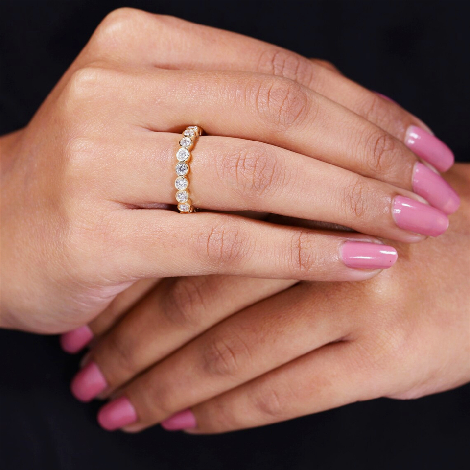 JY Jewelry 14K Rose Sollid Gold Round 2.0mm Bezel Set Lab Diamond Full Eternity Band Ring 18K Solid Gold Stackable Wedding Ring For Women Gift