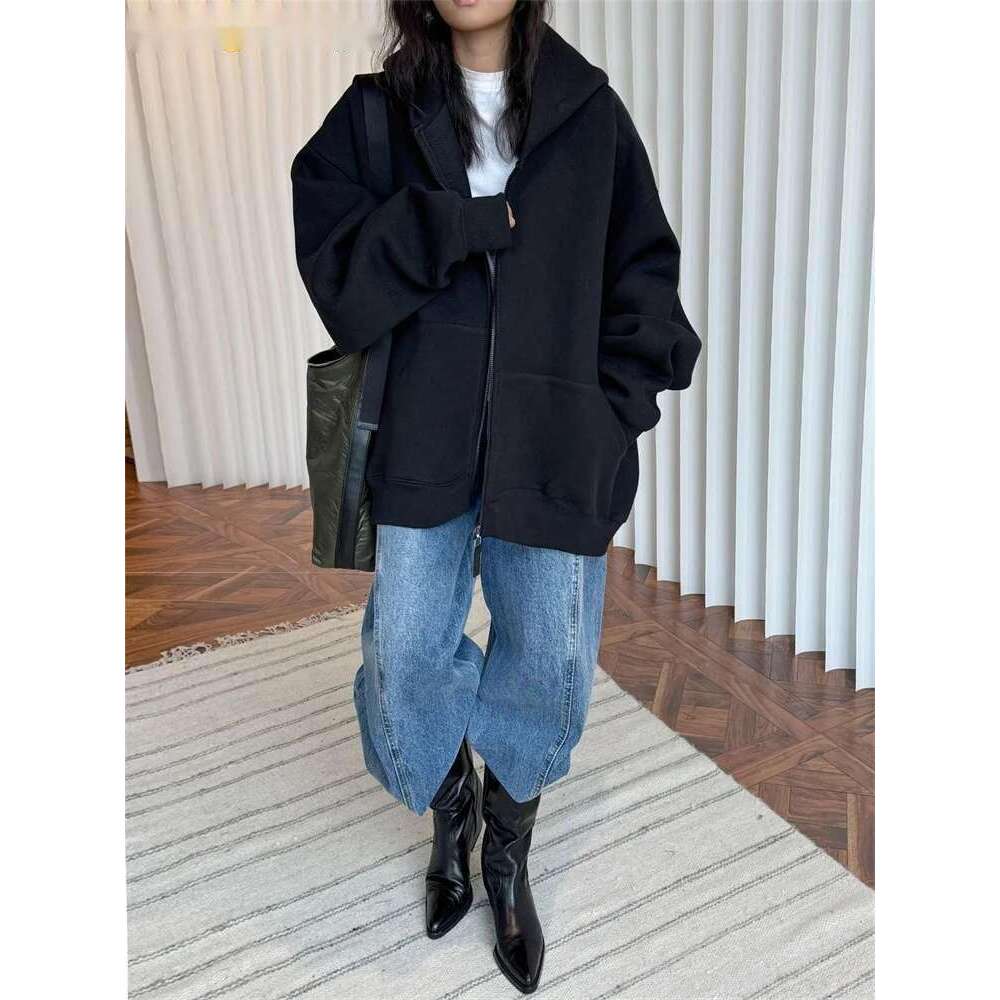 2025 Heavy Weight Spring Street Cool Hoodie Women Three Dimensional Straightening Pure Cotton Coat Black/Gray White