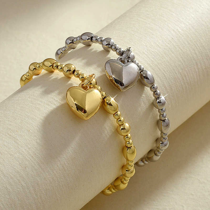 Charm Bracelets Peach Heart Round Bead Bracelet Fashionable Personalized Trendy Handpiece Gold Plated Solid Love Elastic Bracelet H25220