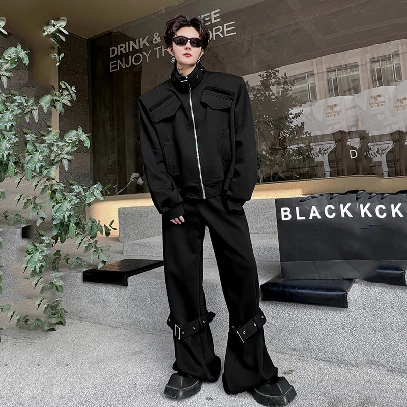 PFNW Stand Collar Male Suit High Street Spliced Swearshirt Straight Sweatpants Zipper Ribbon Mens Two-piece Spring Chic 9C5374 250220
