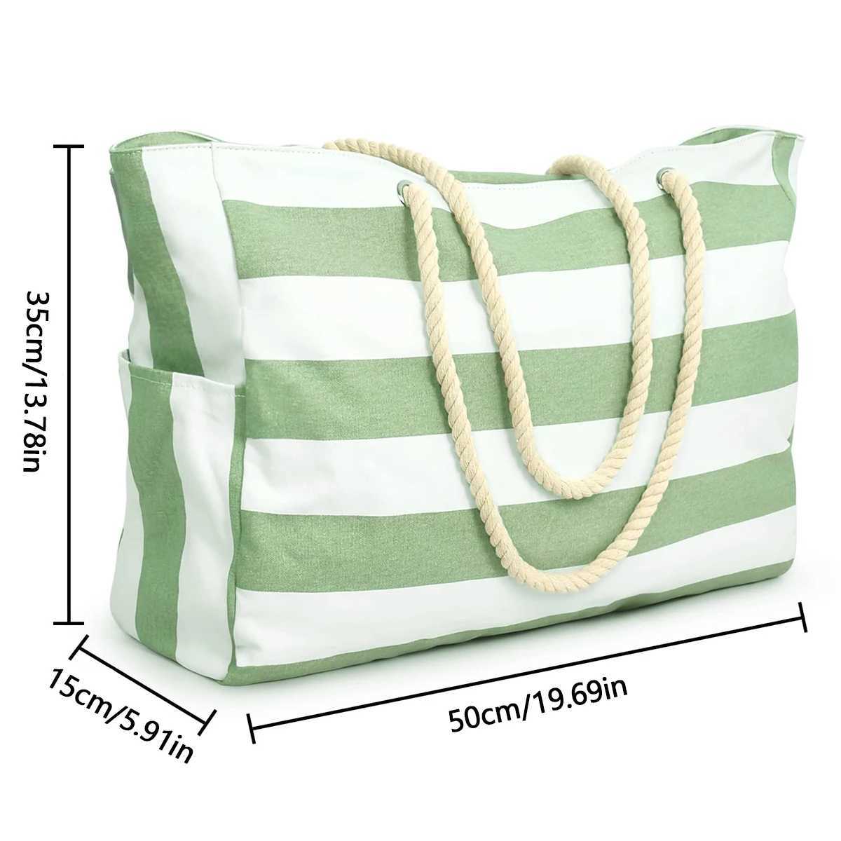 Striped zipper outer bag for outdoor travel and vacation waterproof and sand resistant canvas convenient folding beach bag-ll Z250219