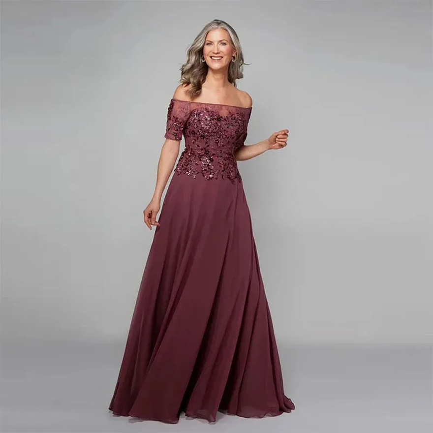 Elegant Long Chiffon Mother Of The Bride Dresses Short Sleeves Lace Appliques Off The Shoulder Wedding Guest Dress Burgundy Formal Party Gown For Wome