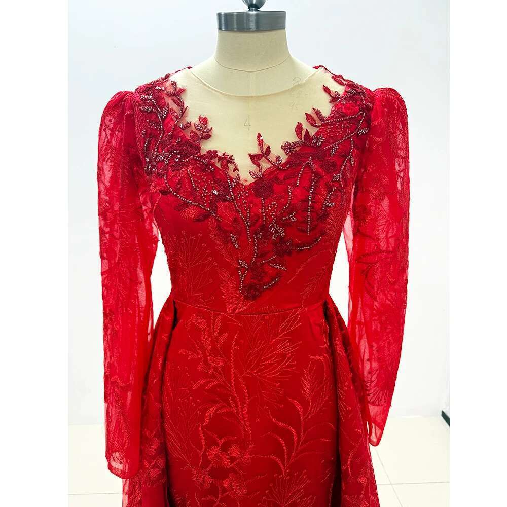 Red Tulle Beads Applique Train Detachable Long Sleeve Sweetheart Up To The Floor Formal Casual For Woman 2025 prom