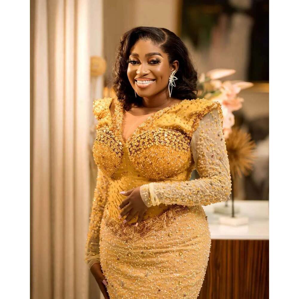 Custom 2025 Gold Illusion Mermaid Ball Gowns Crystals Beaded Sequins Evening Formal Party Birthday prom Dresses