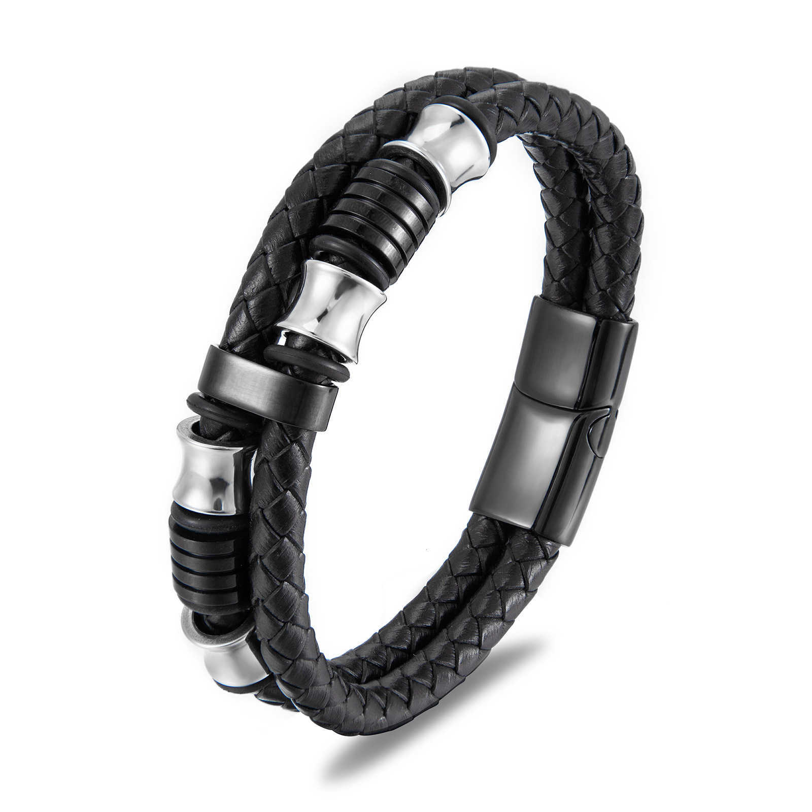 Charm Bracelets New black leather stainless steel mens bracelet minimalist leather bracelet H25220