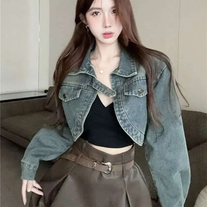 Denim Retro American Slim Fit Women Round Neck Top Sweet Korean Jacket Early Autumn Hot Style