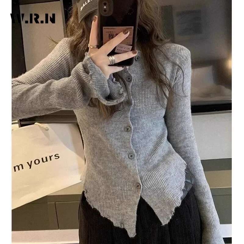 2025 Spring Hotsweet Long Sleeve Single Breasted Ladies Cardigans Women Gyaru Solid Color Knitting Casual O-Neck Sexy Sweater