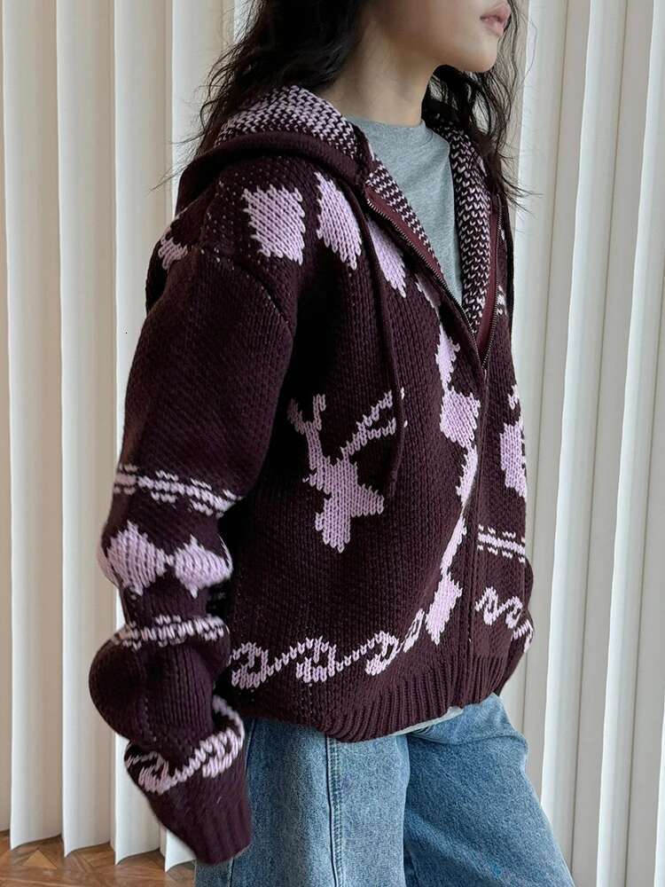 Hooded Plaid Knit Cardigan Women's Long Sleeve Thick Warm Drawstring Design Coats 2024 Winter New 26C1130