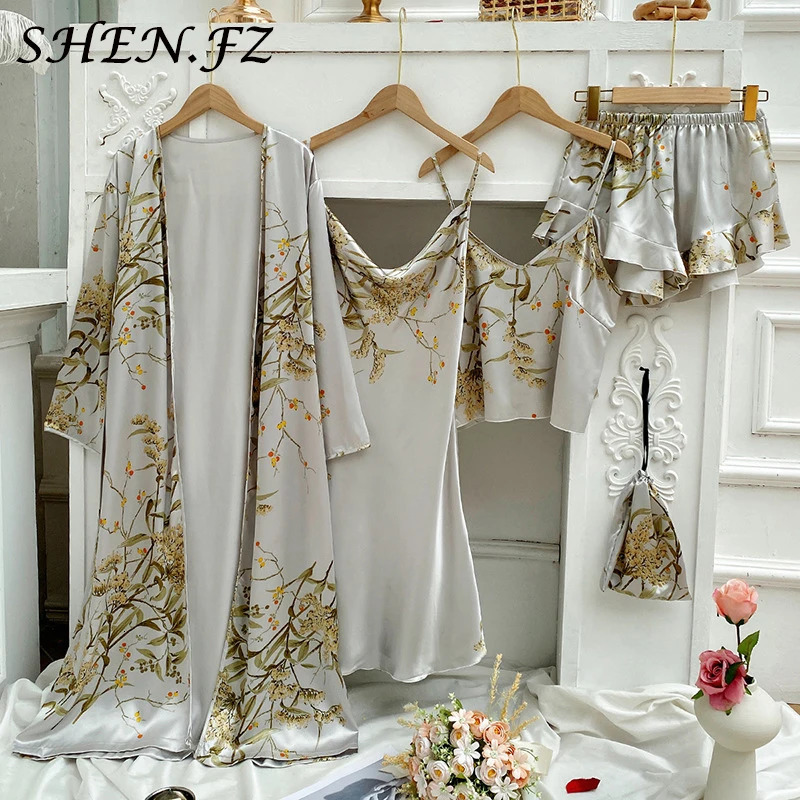 4-piece silk sleepwear womens lace satin sleepwear set V-neck Cami sleepwear home sleepwear spring sleepwear 250219