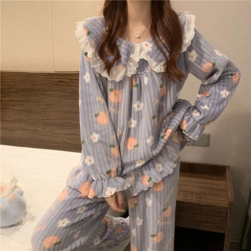 Cartoon Pajama Sets Womens Pyjamas Warm Flannel Sleepwear Girl Pajama Set Suit Pant Home Korean Peach Sleep Lace Sleepwear 250219