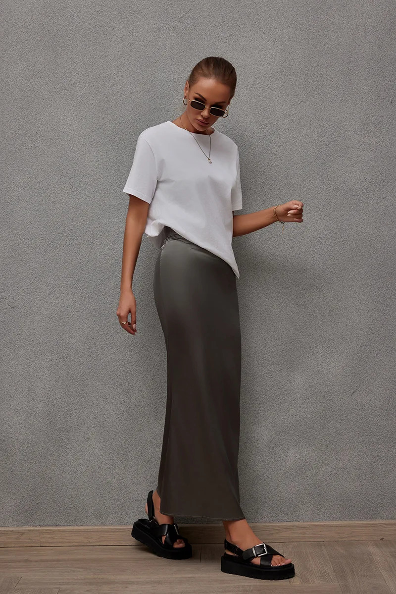 satin casual solid ultrathin long leather trend thin dress office ladies French fishtail streetwear 250220