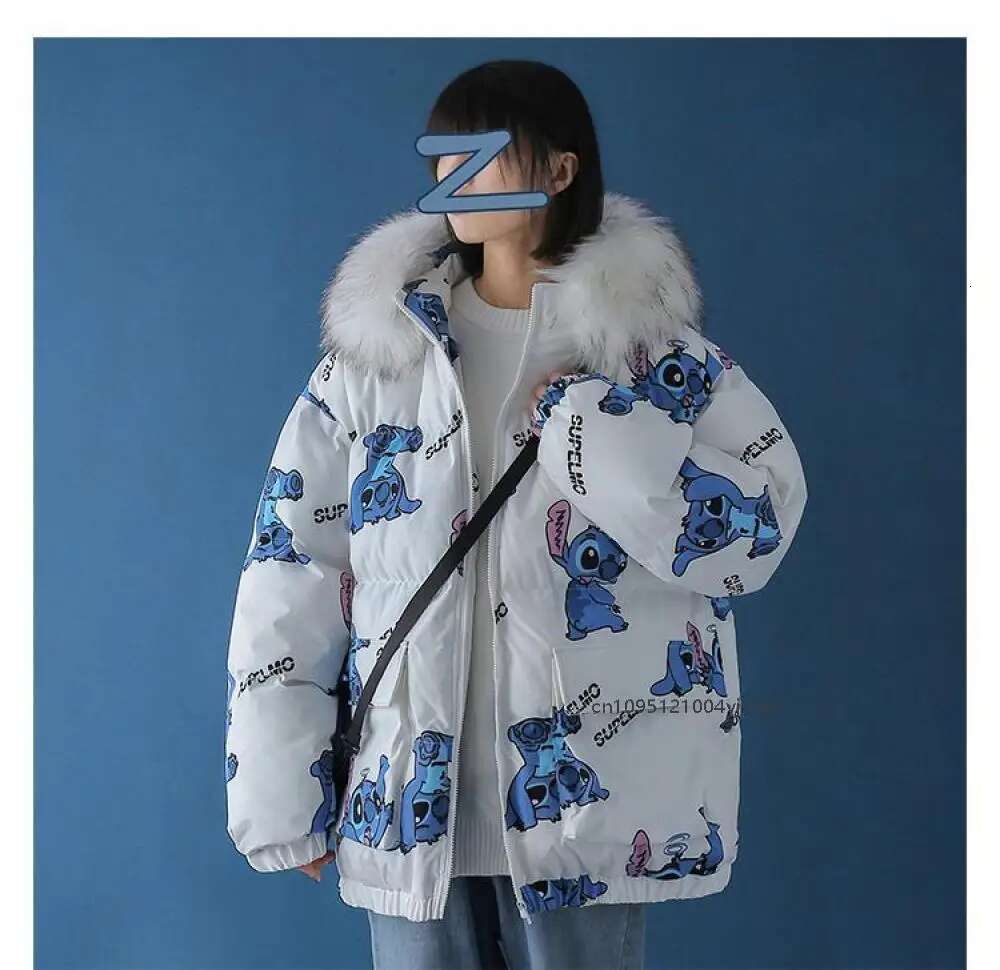 Cute Print Down Jacket Winter New Korean Version Loose Cotton Trend Casual Warm Versatile Zipper Coat
