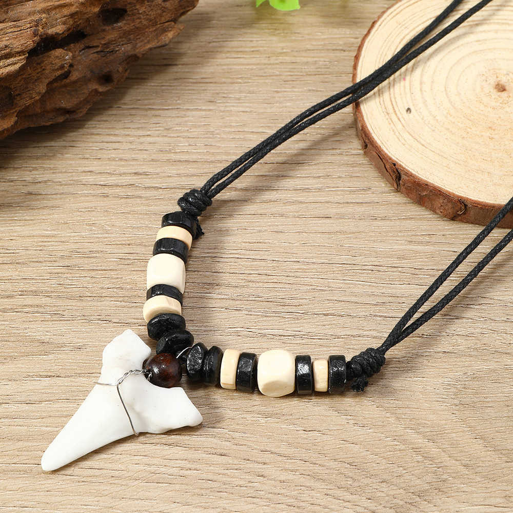 Pendant Necklaces Bohemian summer holiday surfing accessories fashionable and personalized wooden beads shark teeth necklace accessories H25219