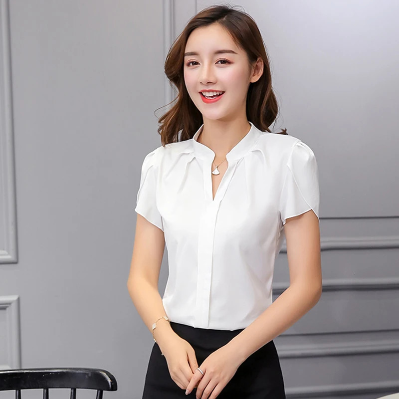 Women Chiffon Shirt Korean Elegant Slim Folds Short Sleeve Blouse Casual Office Stand Collar All Match Ladies Tops 250219