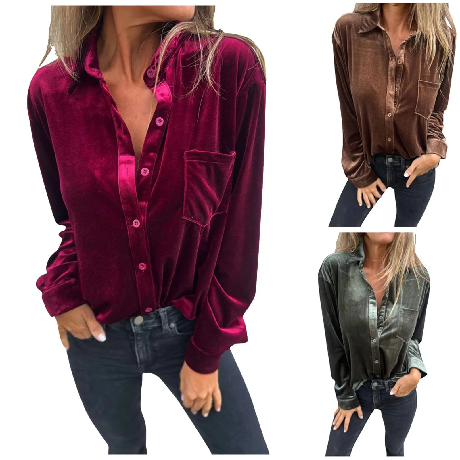 Autumn Vintage Velvet Blouses For Women Y2k Style Button Down Shirts Solid Color Streetwear Blouse Long Sleeve Loose Fit 250219