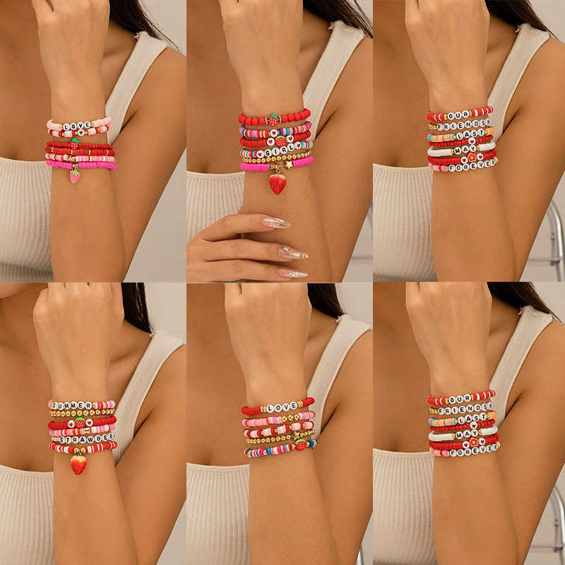 Charm Bracelets Accessories Bohemian style colorful soft ceramic elastic letter LOVE bead bracelet Brelet H25220