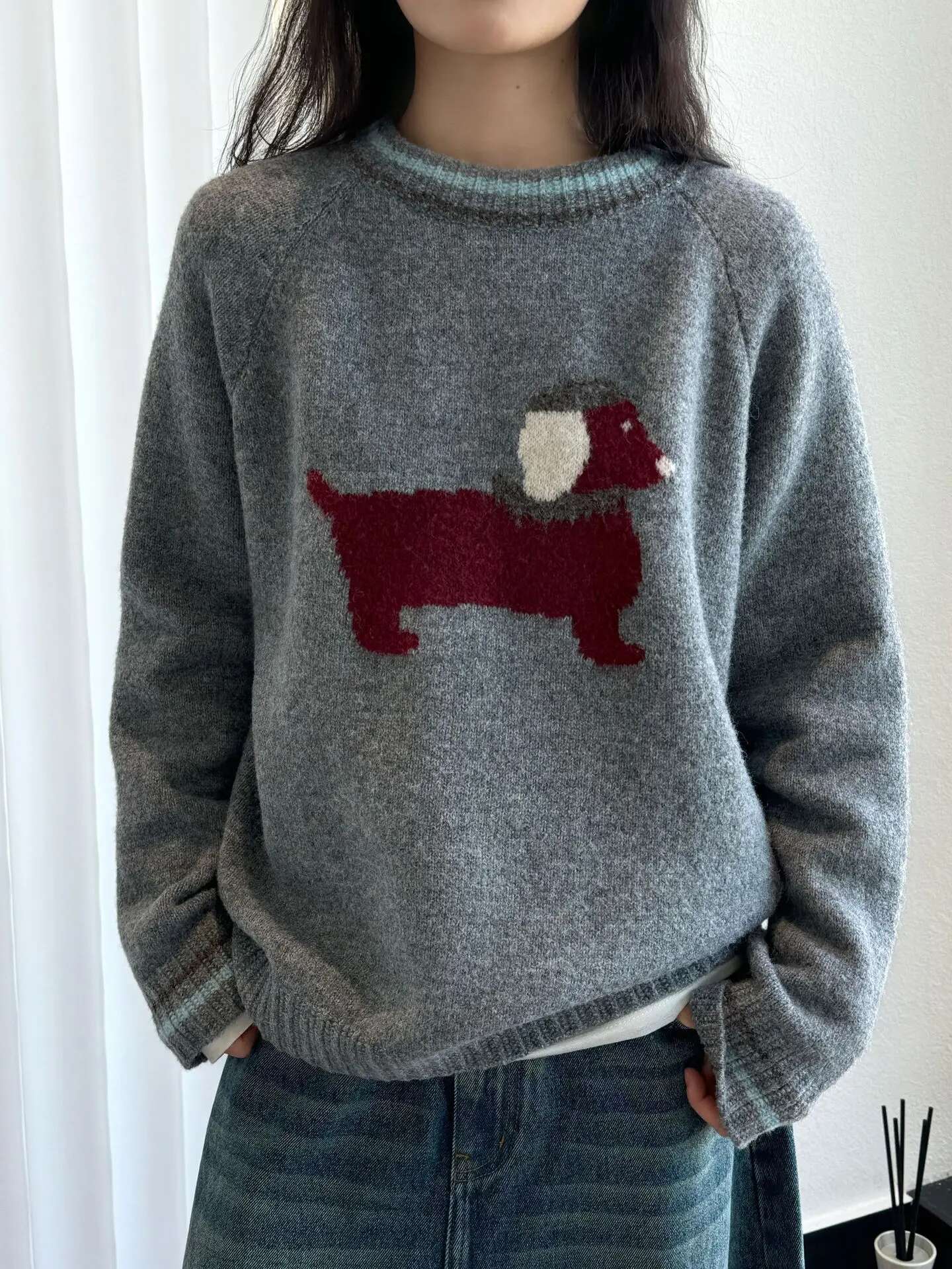Winter Women's Casual Dog Pattern Round Neck Long Sleeved Loose Sweater