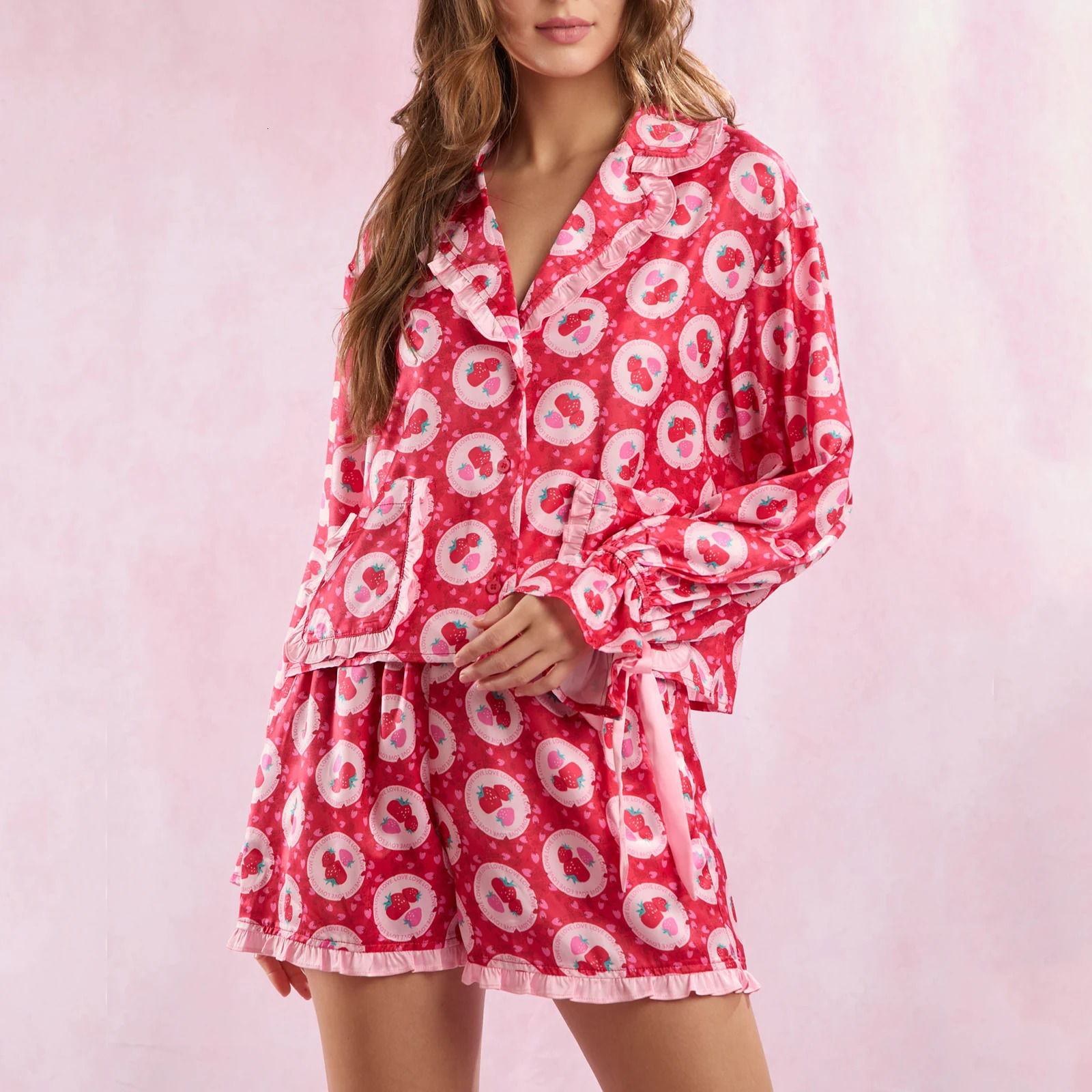 Imcute Strawberries Print Lounge Pants Set Women Valentines Day Sleepwear Satin Frill Blouse Shirt TopsShorts 2 Piece Pajamas 250219