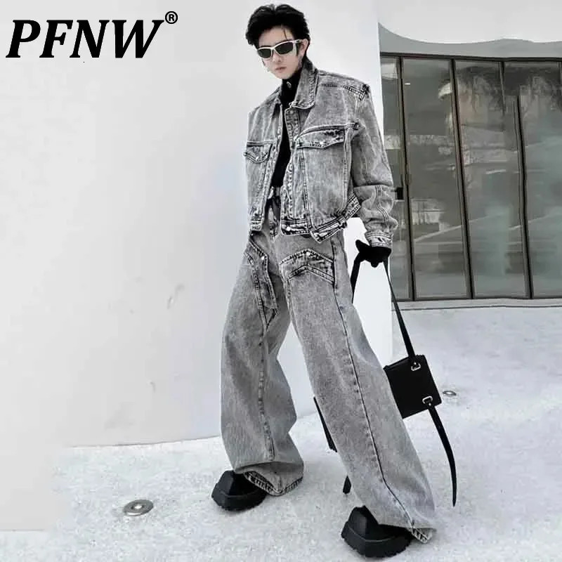 PFNW Mens Grey Trouser Set Patch Pocket Embossed Denim Short Jacket and Wide Leg Jeans Spring Loose Two Piece Set 9C4491 250220
