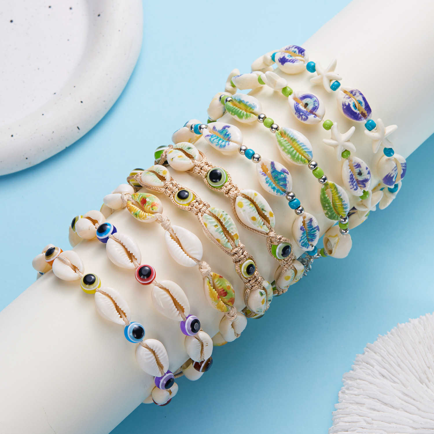 Charm Bracelets New Beach Shell Bracelet Versatile Devils Eye Pattern Sea Star Shell Handmade Weaving Bracelet H25220