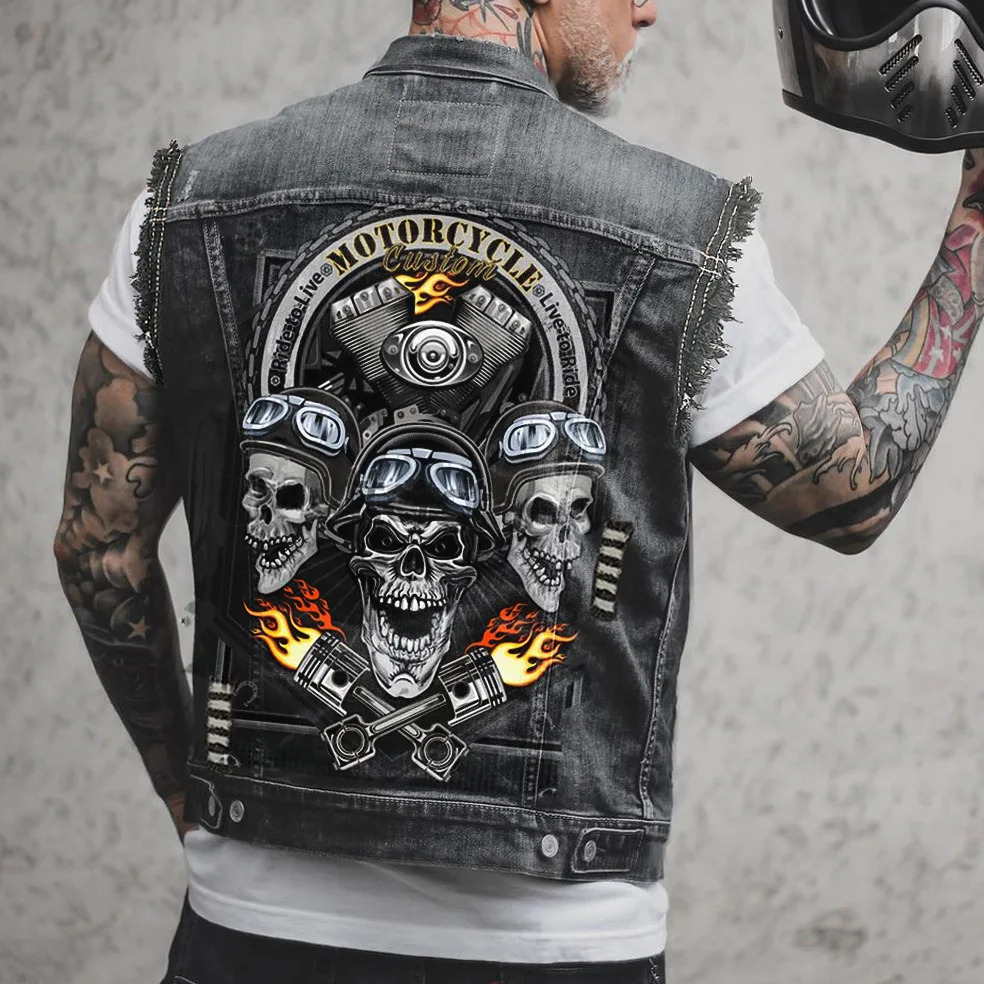 Mens Spring And Summer Four Seasons -selling Street Riding Motorcycle Peng Skull Print Sleeveless Vest Denim Jacket 250219