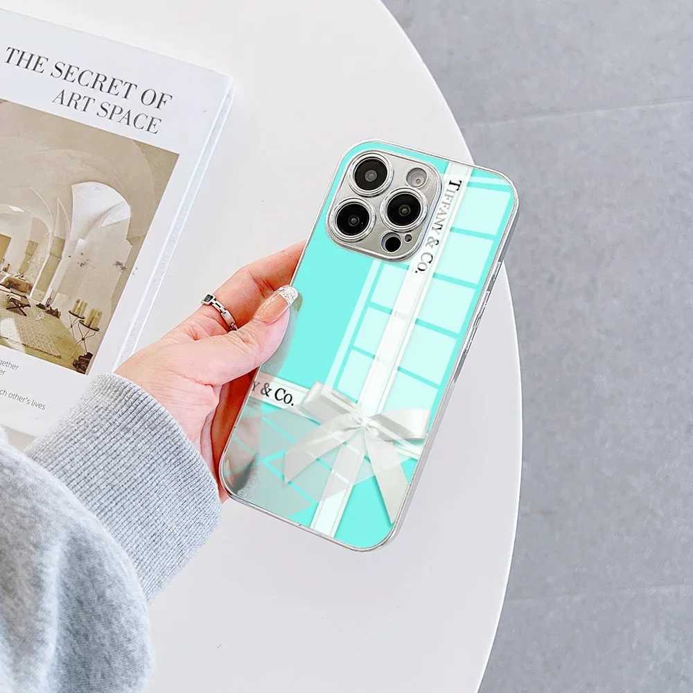 Fashion Blue Phone Case for IPhone 16 15 14 13 12 Mini 11 Pro XS Max XR X 8 7 6 Plus Luxury Tempered Glass T-Tiffany Z250220