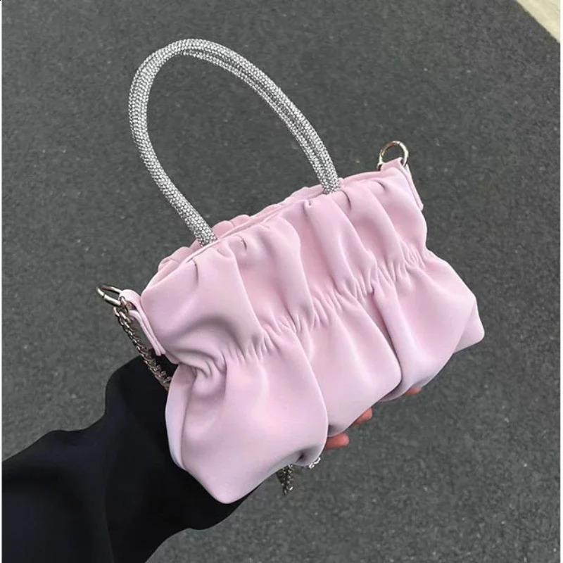 Rhinestone Portable Shoulder Bag Female Summer Ladies Party Pleated Cloud Chain Crossbody Solid Color Evening Bags 250218