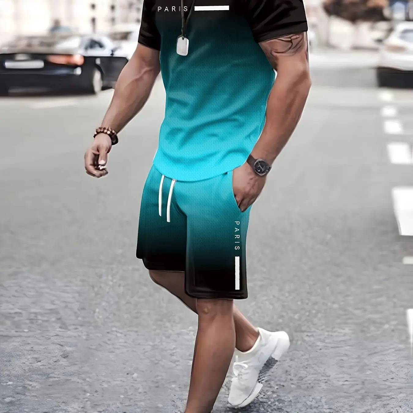 2-piece mens fashionable summer vacation clothing set mens gradient printed short sleeved T-shirt and pocket drawstring shorts set 250220