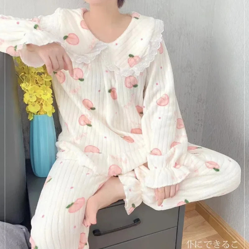 Cartoon Pajama Sets Womens Pyjamas Warm Flannel Sleepwear Girl Pajama Set Suit Pant Home Korean Peach Sleep Lace Sleepwear 250219