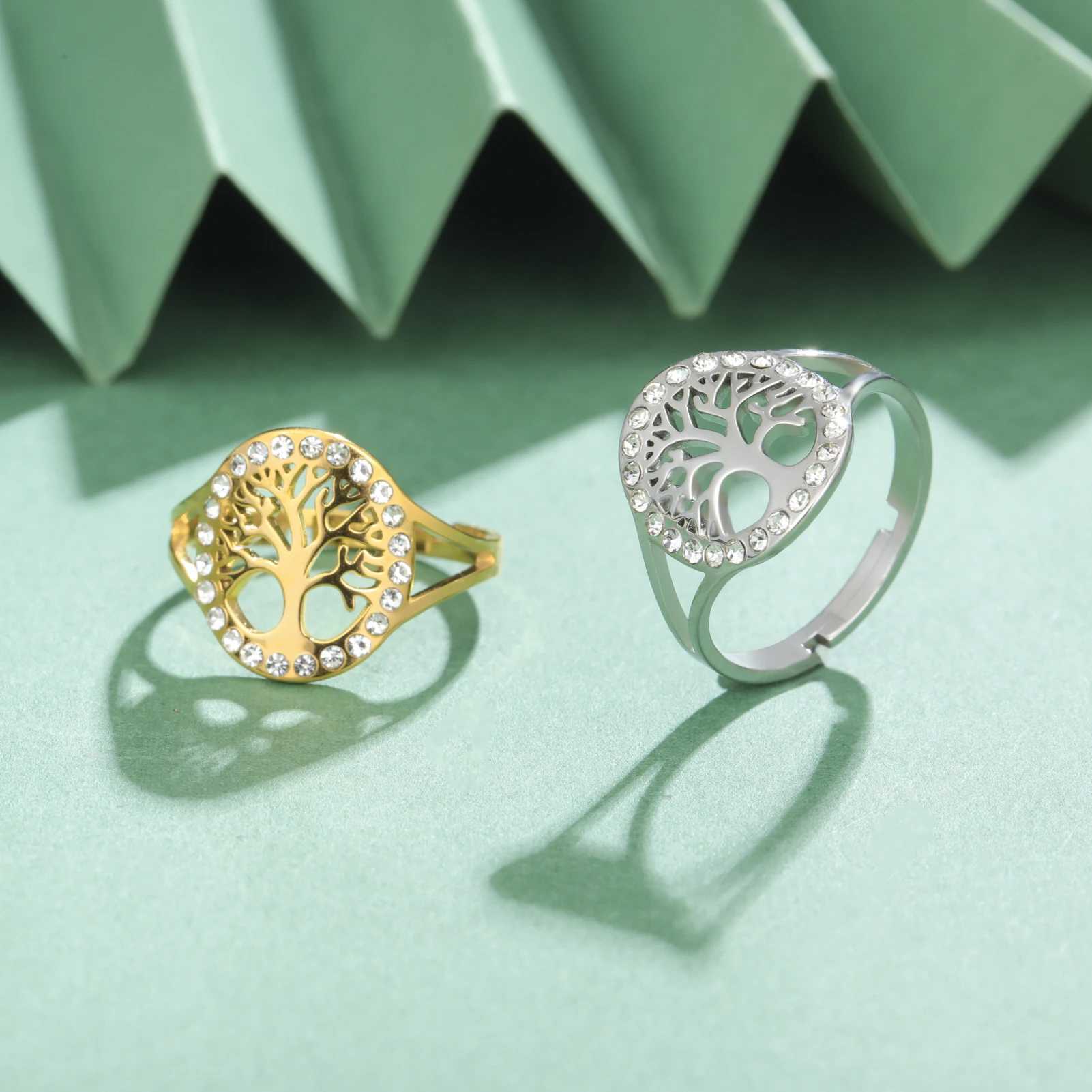 Skyrim Tree of Life Clear Zircon Round Ring Stainless Steel Gold Color Adjustable Wen Finger Rings Amet Jewelry s X250220