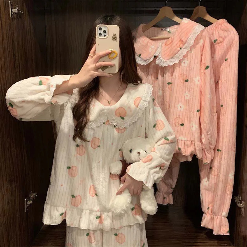 Cartoon Pajama Sets Womens Pyjamas Warm Flannel Sleepwear Girl Pajama Set Suit Pant Home Korean Peach Sleep Lace Sleepwear 250219