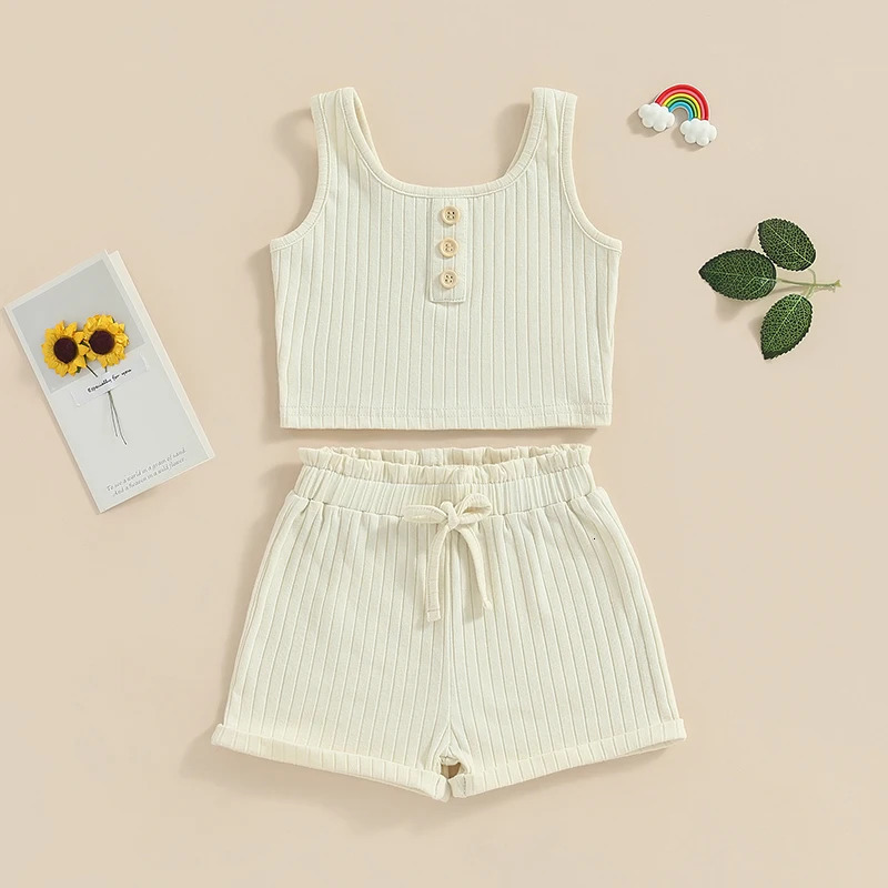 -05-07 Lioraitiin 0-8Years Kid Girls 2Pcs Summer Pants Suit Sleeveless Knitting Vest Tops Solid Drawstring Shorts 250219