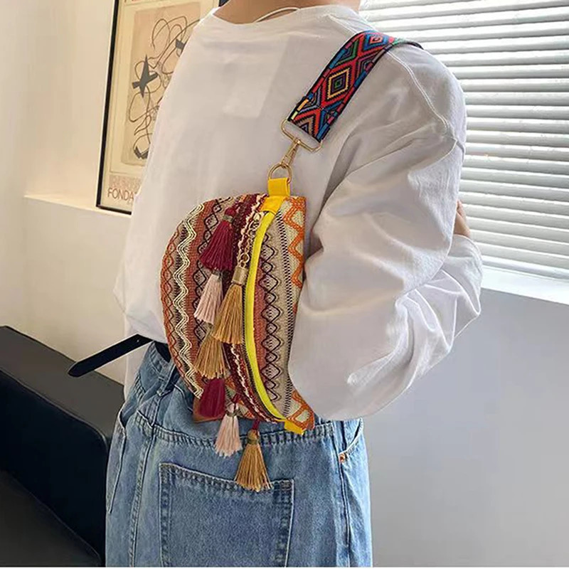 Women Folk Style Waist Bags with Adjustable Strap Variegated Color Fanny Pack Fringe Decor Crossbody Chest 250219