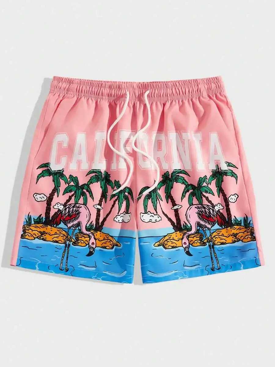 Mens quick drying summer new 3D printed coconut tree flamingo pattern mens sports shorts Hawaii beach shorts X250220