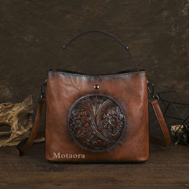 MOTAORA New Vintage Chinese Style Women's Shoulder Bag Emed Handmade Leather Crossbody Bucket Bags Mother's Handbag Purse