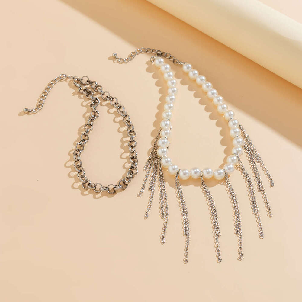 Imitation pearl tassel sweater chain with a sense of niche design, double layered for women's necklace jewelry