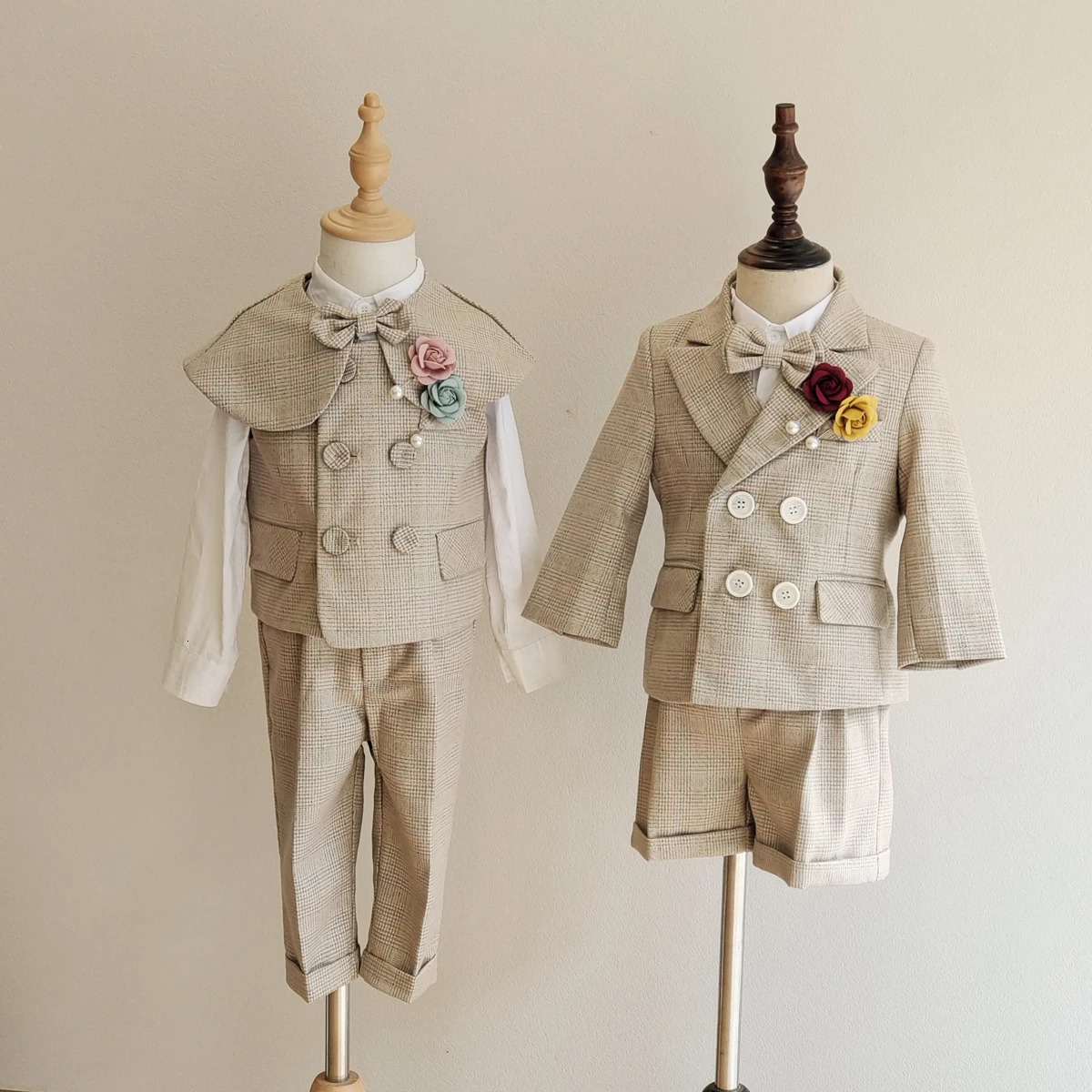 Boys Formal Plaid Suit khaki Baby Daptism Dress Set Child Wedding Birthday Party Pography Costume Kids Clothes High quality 250219