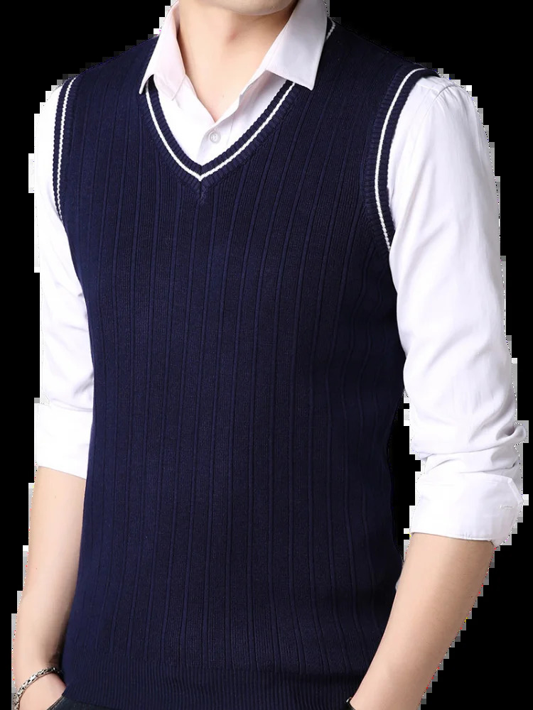 Spring and Autumn Mens Knitwear Tank Top Fashion Korean Fit Casual Versatile Student V-neck Vertical Stripe Vest 250219
