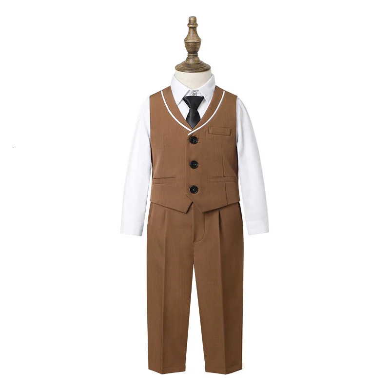 Boys Brown Vest Suit Set Children Piano Hosting Performance Birthday Pography Costume Kids Waistcoat Pants Tie Outfit 250219