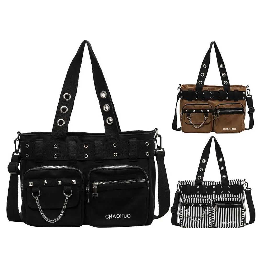 Women Rockabilly Shoulder Bag with Chain Canvas Tote Handbag Zipper Closure Punk Style Sling Bag Female Outdoor Bag Y250218