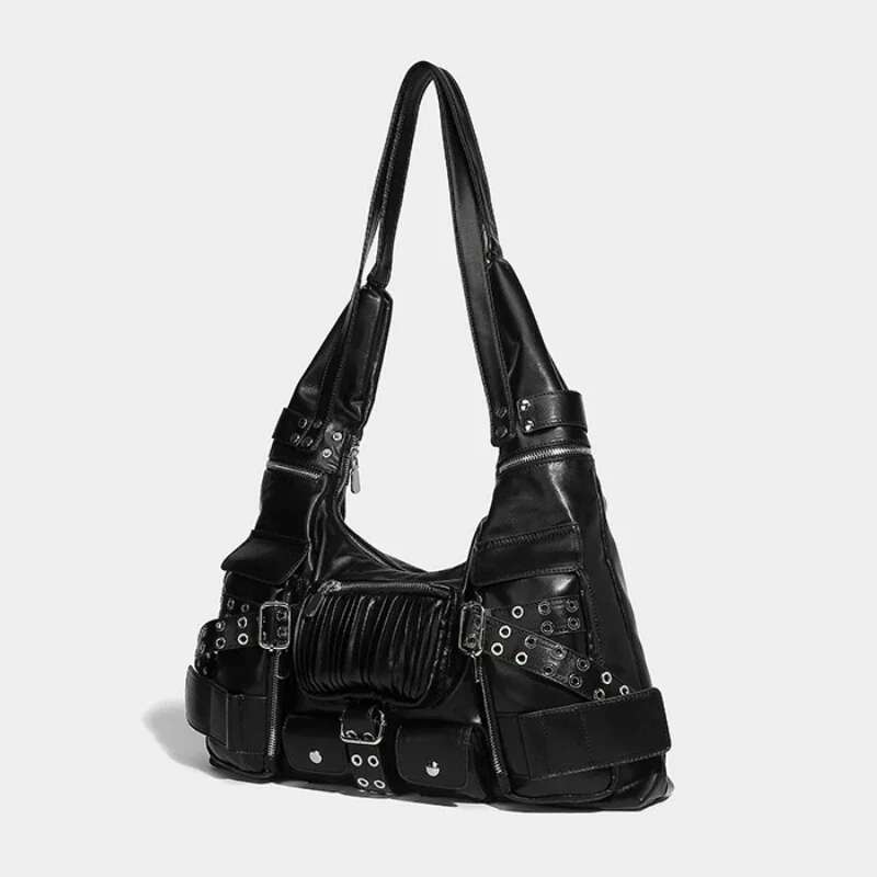 Black Punk Crossbody Women Multiple Pockets Wide Strap Rivet Ruched Belt Buckle Shoulder Bag Fashion Chic Designer Handbag