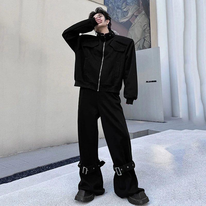 PFNW Stand Collar Male Suit High Street Spliced Swearshirt Straight Sweatpants Zipper Ribbon Mens Two-piece Spring Chic 9C5374 250220
