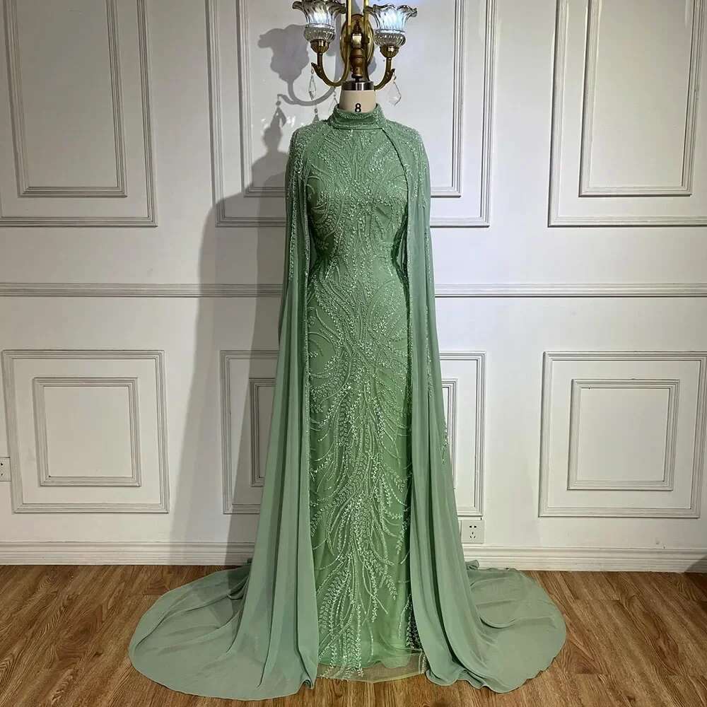 Hill Serene Muslim Sage Green Mermaid Cape Sleeves Beaded Satin Evening Dresses Gowns Customize Party BLA
