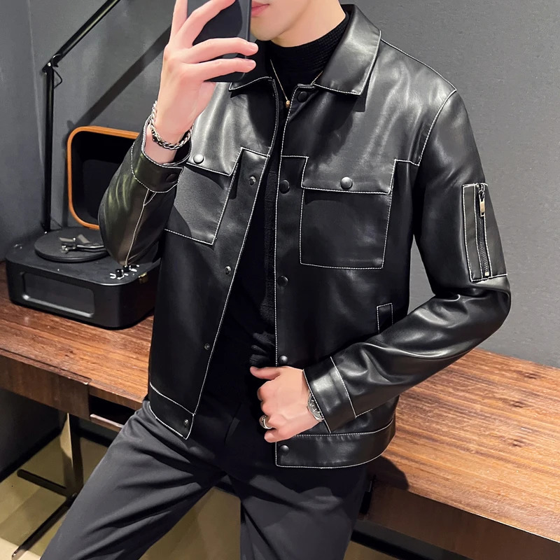 Spring Autumn Cool Motorcycle Leather Jacket High Quality Men Warm Waterproof Lapel Basic Coat Business Casual Cardigan Tops 250210