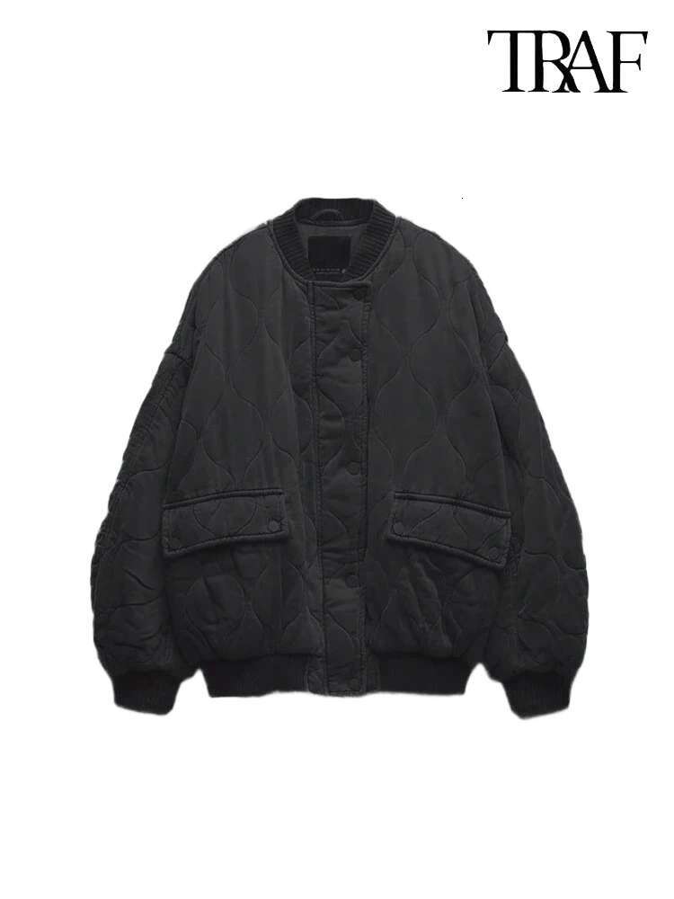 TRAF Women's Fashion Round Collar Single Breasted Long Sleeve Aviator Solid Color Quilted Commuter Warm Casual Jacket
