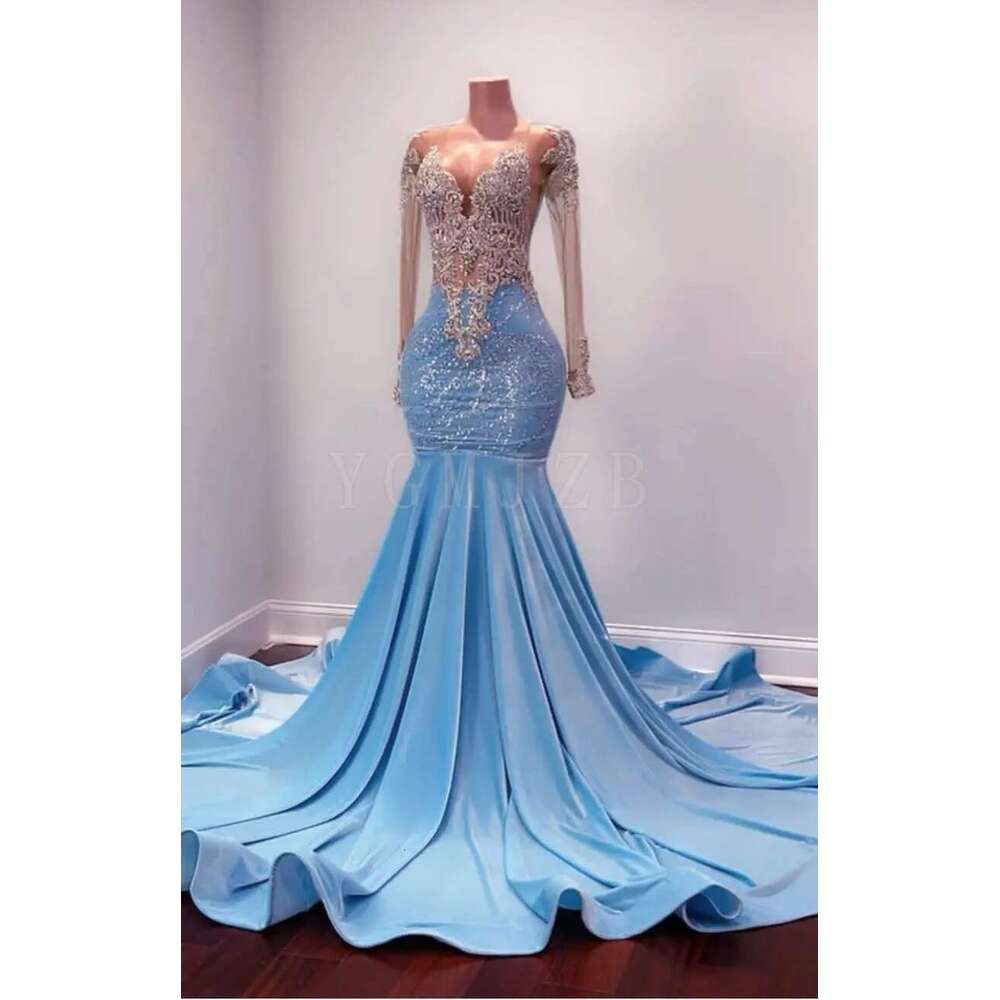 Light Blue Veet Long Prom Dresses 2025 Black Girls Bead Rhies Formal Evening Party Birthday Gowns Customized