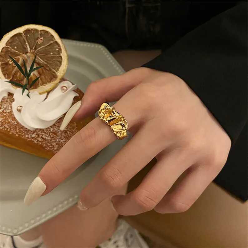 World Wide Crumpled Tin Foil Style Ring Chunky Gold Stackable Dainty Texture Metal 18 K Plated Statement Trendy Jewelry X250220