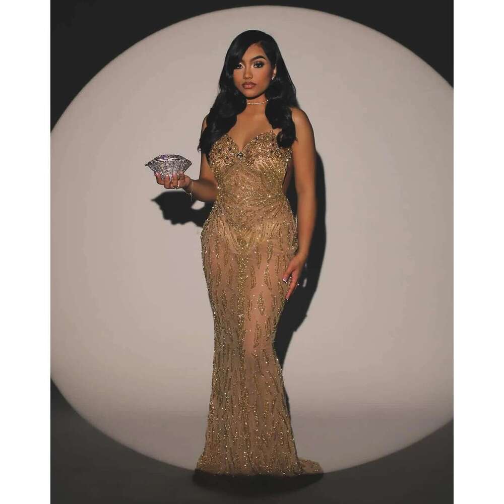 Worship golden dress with beads sequins without backrest illusion sexy birthday party prom dance dresses custom 2025