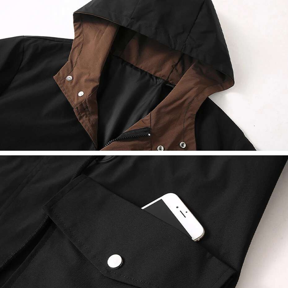 Men's Long Hooded Windproof Jacket, Casual Clothing, Solid Color, Large Size 10XL 12XL